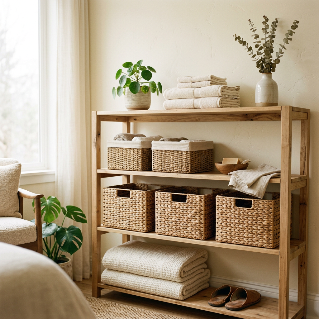 Wooden shelving unit with baskets, towels, plants, and slippers