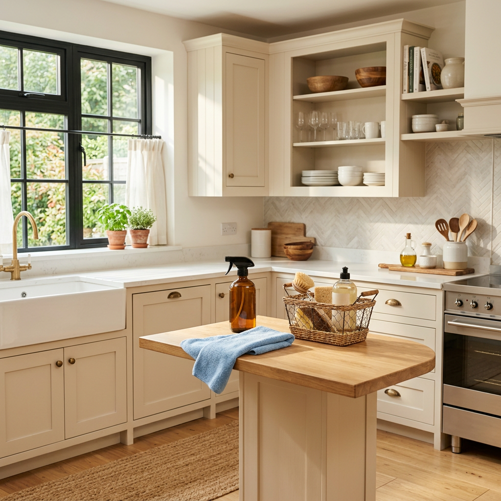 Sunlit traditional kitchen with cream cabinets, open shelving, and a wooden island
