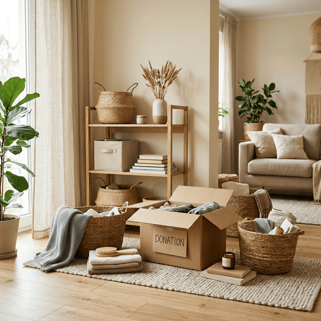 Open box labeled “DONATION” surrounded by baskets, clothes, and folded towels