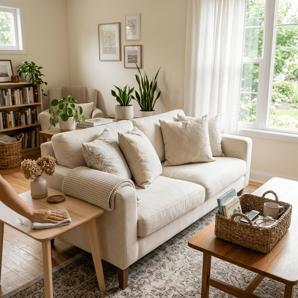 Sunlit living room with sofa, plants, books, and a person cleaning