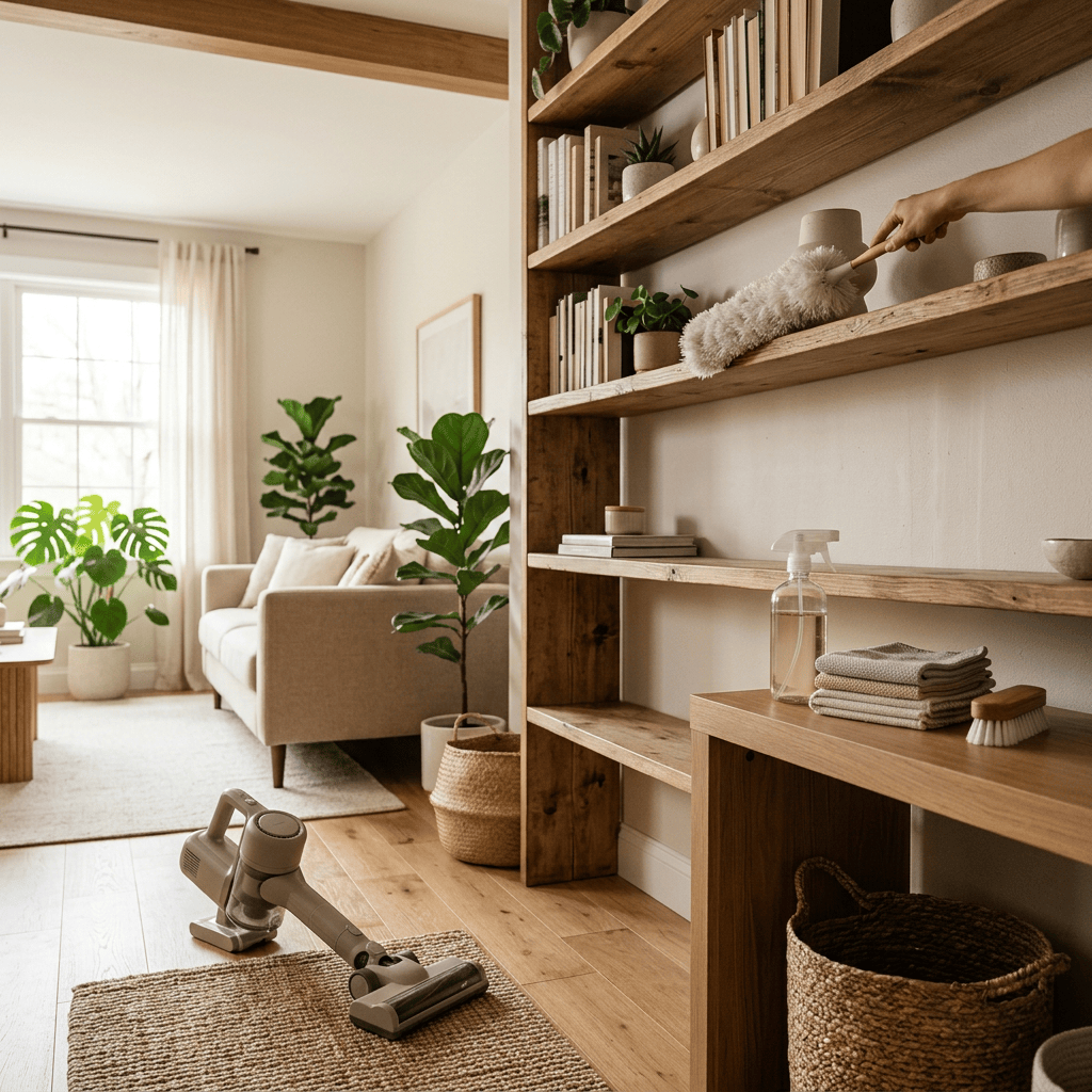 Hand dusting wooden shelves beside a vacuum in a bright living room