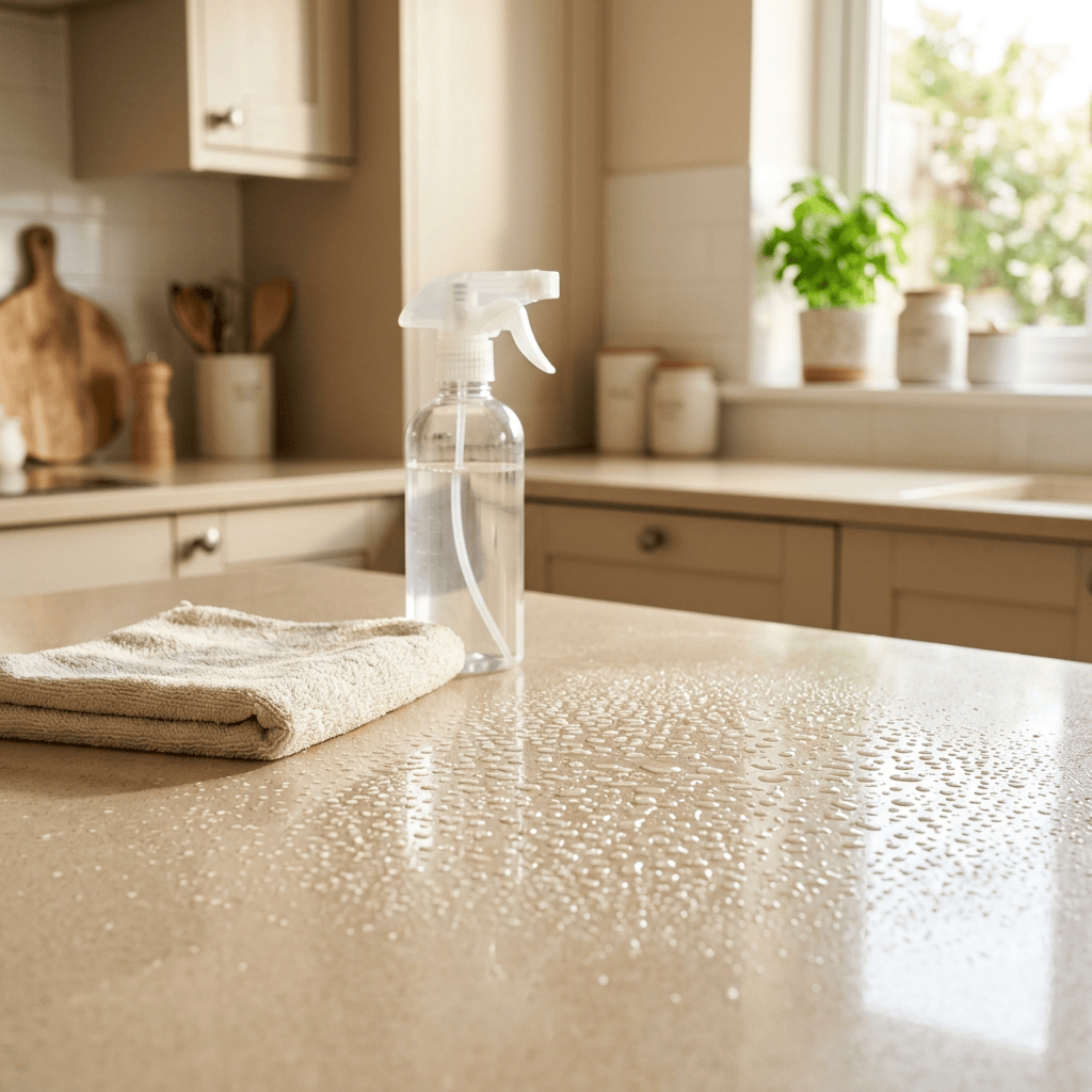 Spray bottle and folded towel on a wet kitchen counter