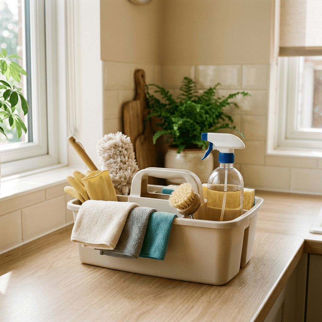 Cleaning caddy with gloves, brushes, towels, sponge, and spray bottle