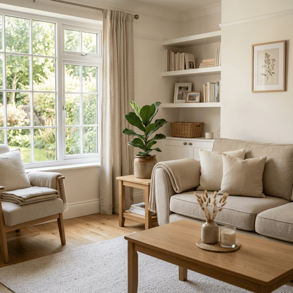 Bright living room with neutral furniture, large windows, bookshelves, and a houseplant